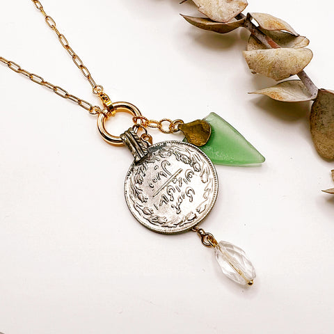 Vintage Coin + Sea Glass Charm Pop Necklace