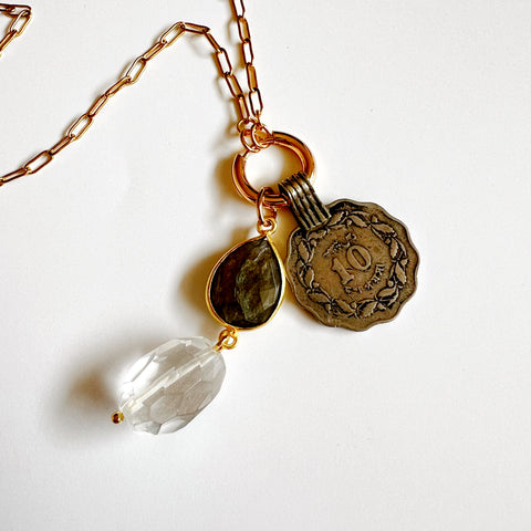 Vintage Coin + Semi-Precious StoneCharm Pop Necklace